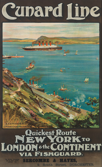 ODIN ROSENVINGE (1880-1957). CUNARD LINE / QUICKEST ROUTE NEW YORK TO LONDON & THE CONTINENT VIA FISHGUARD [MAURETANIA.] 40x24 inches,